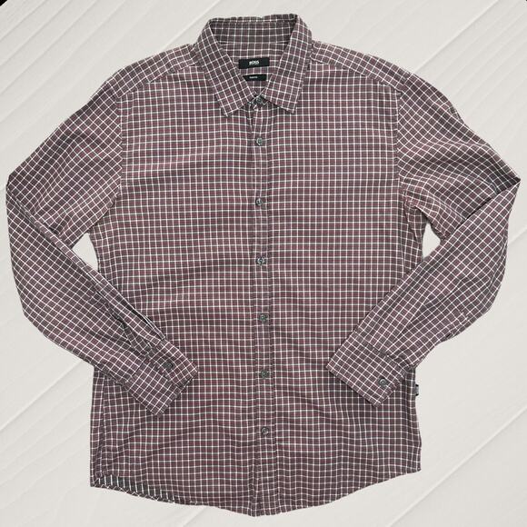 HUGO BOSS Plaid Button Up Shirt Windowpane Pattern Slim Fit Burgundy Red Large - Picture 1 of 9